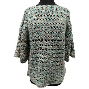Crocheted Multicolor Boatneck Flare Sleeve Sweater